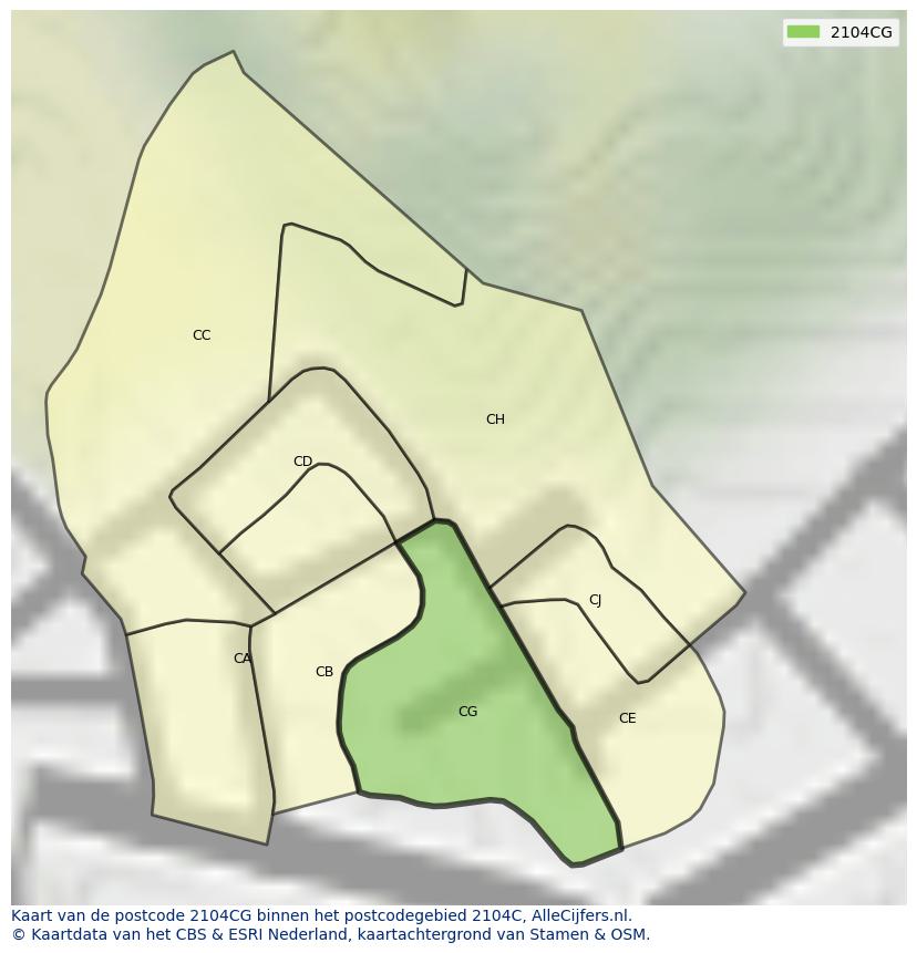 Afbeelding van het postcodegebied 2104 CG op de kaart.