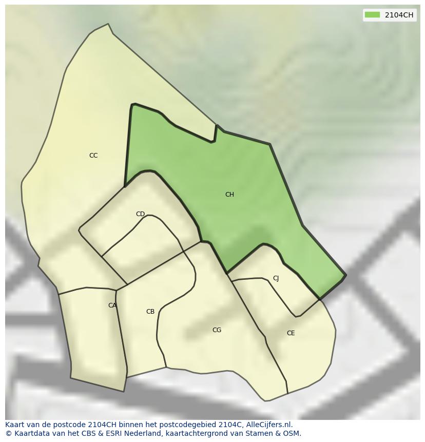 Afbeelding van het postcodegebied 2104 CH op de kaart.