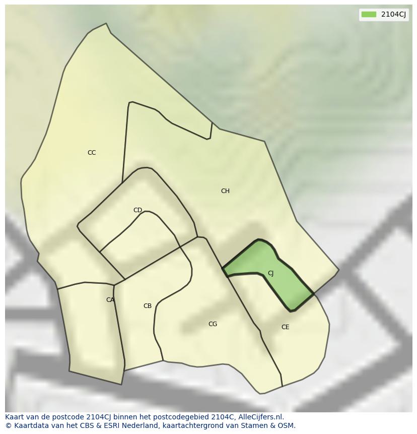 Afbeelding van het postcodegebied 2104 CJ op de kaart.