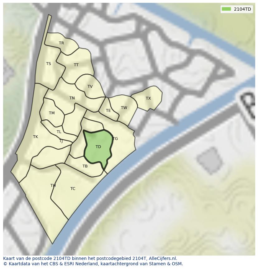 Afbeelding van het postcodegebied 2104 TD op de kaart.