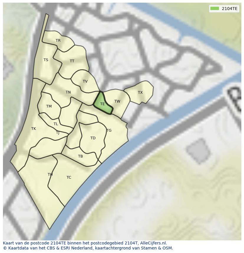 Afbeelding van het postcodegebied 2104 TE op de kaart.
