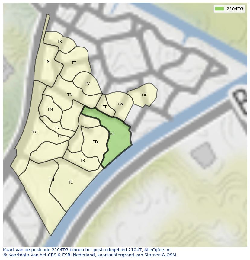 Afbeelding van het postcodegebied 2104 TG op de kaart.