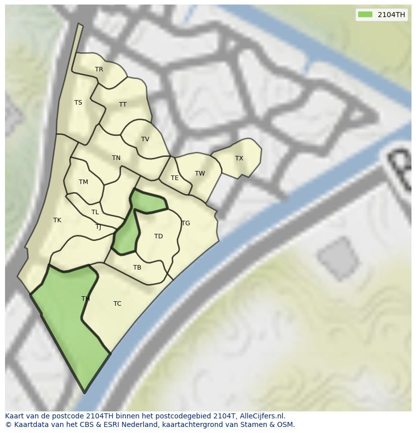 Afbeelding van het postcodegebied 2104 TH op de kaart.