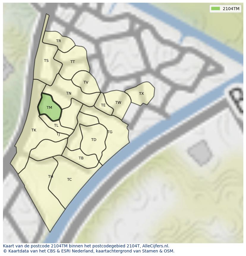 Afbeelding van het postcodegebied 2104 TM op de kaart.
