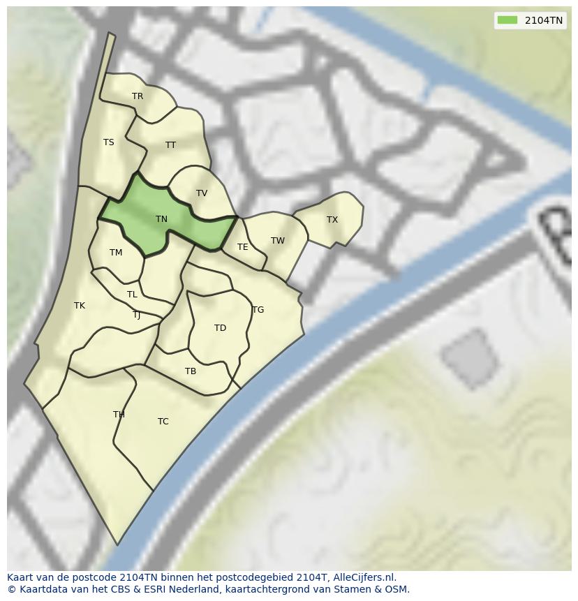 Afbeelding van het postcodegebied 2104 TN op de kaart.