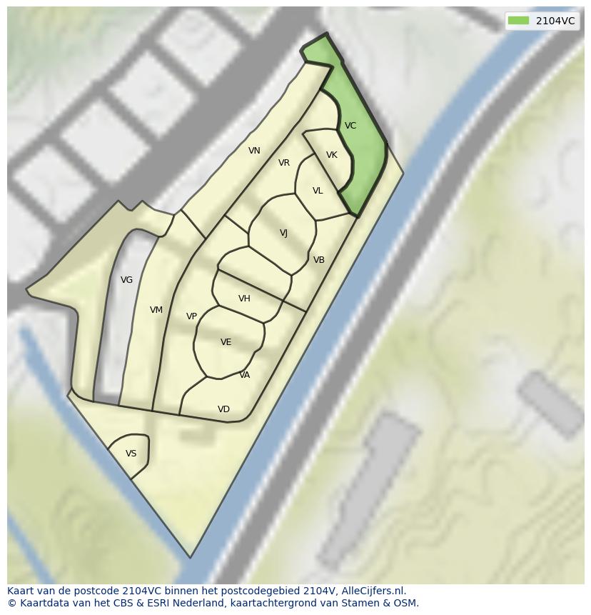Afbeelding van het postcodegebied 2104 VC op de kaart.