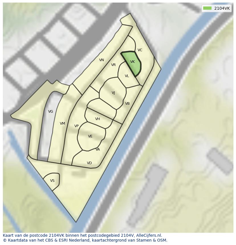 Afbeelding van het postcodegebied 2104 VK op de kaart.