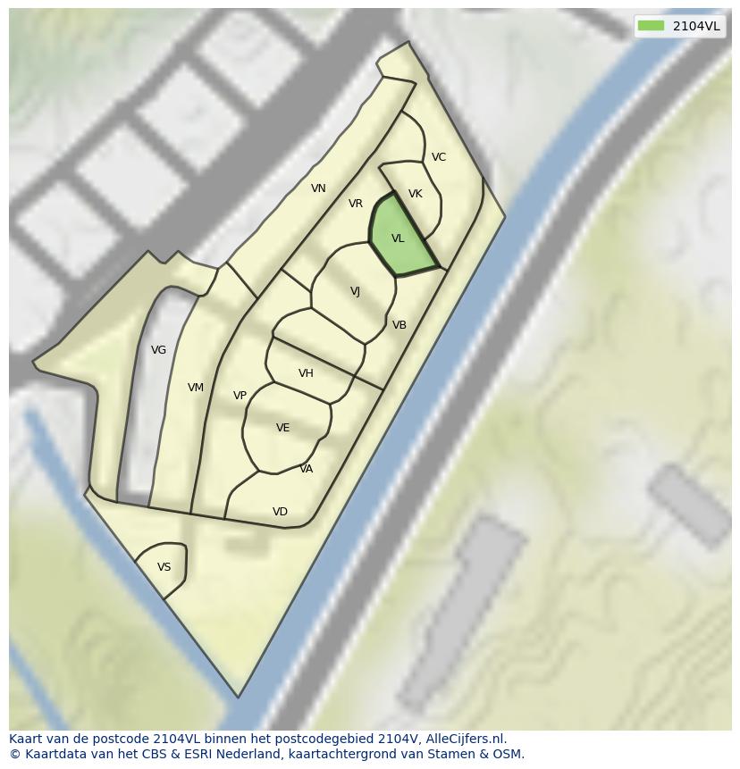 Afbeelding van het postcodegebied 2104 VL op de kaart.