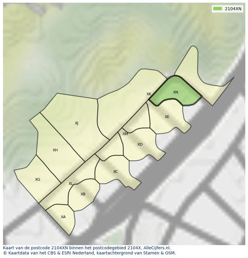 Afbeelding van het postcodegebied 2104 XN op de kaart.
