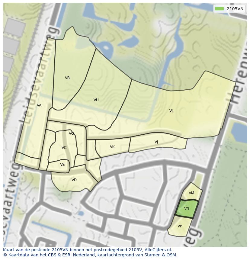 Afbeelding van het postcodegebied 2105 VN op de kaart.