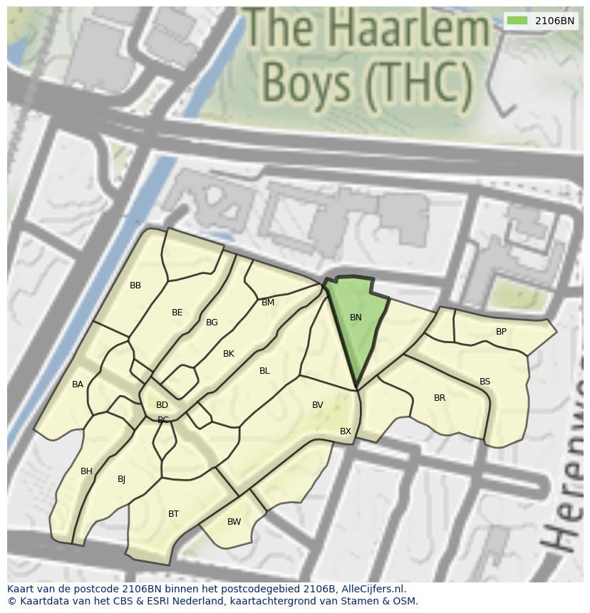 Afbeelding van het postcodegebied 2106 BN op de kaart.