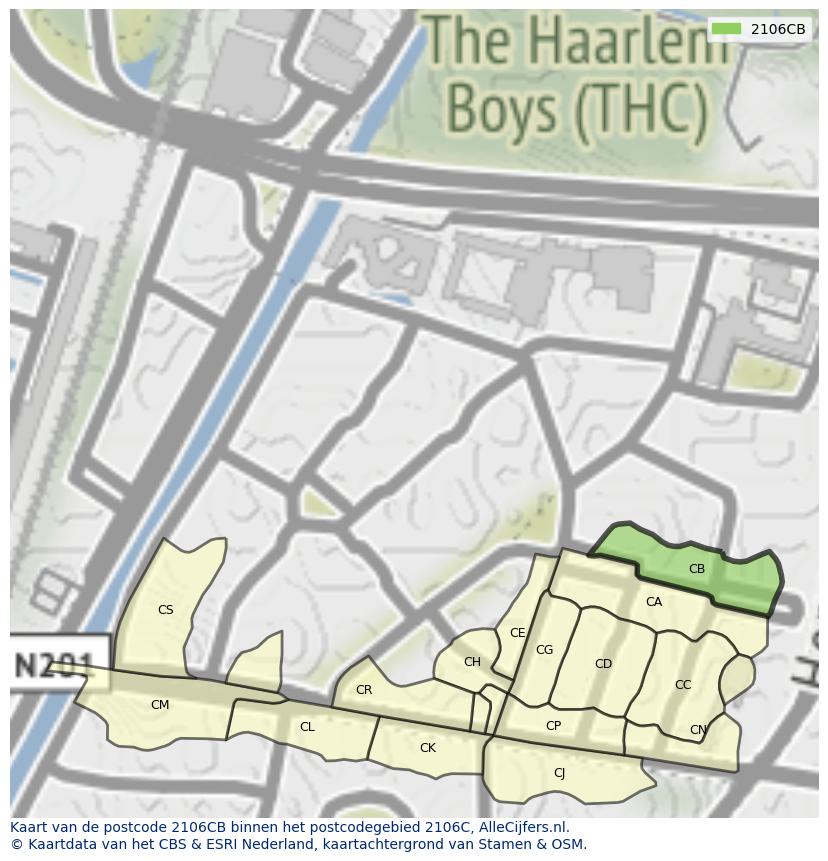 Afbeelding van het postcodegebied 2106 CB op de kaart.