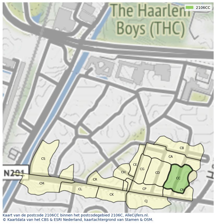 Afbeelding van het postcodegebied 2106 CC op de kaart.