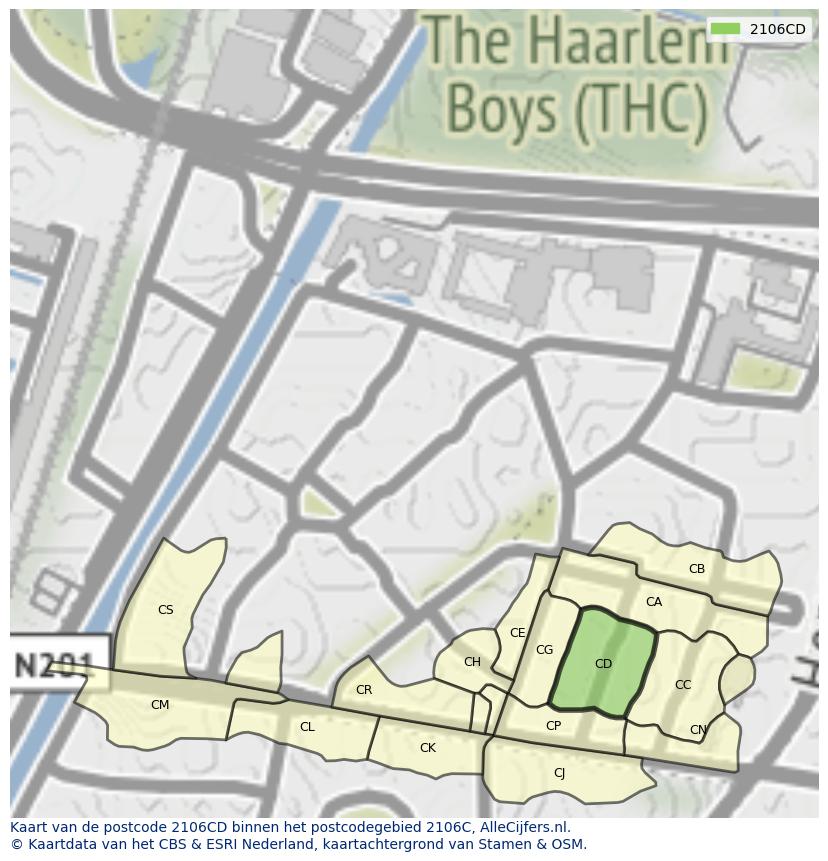 Afbeelding van het postcodegebied 2106 CD op de kaart.