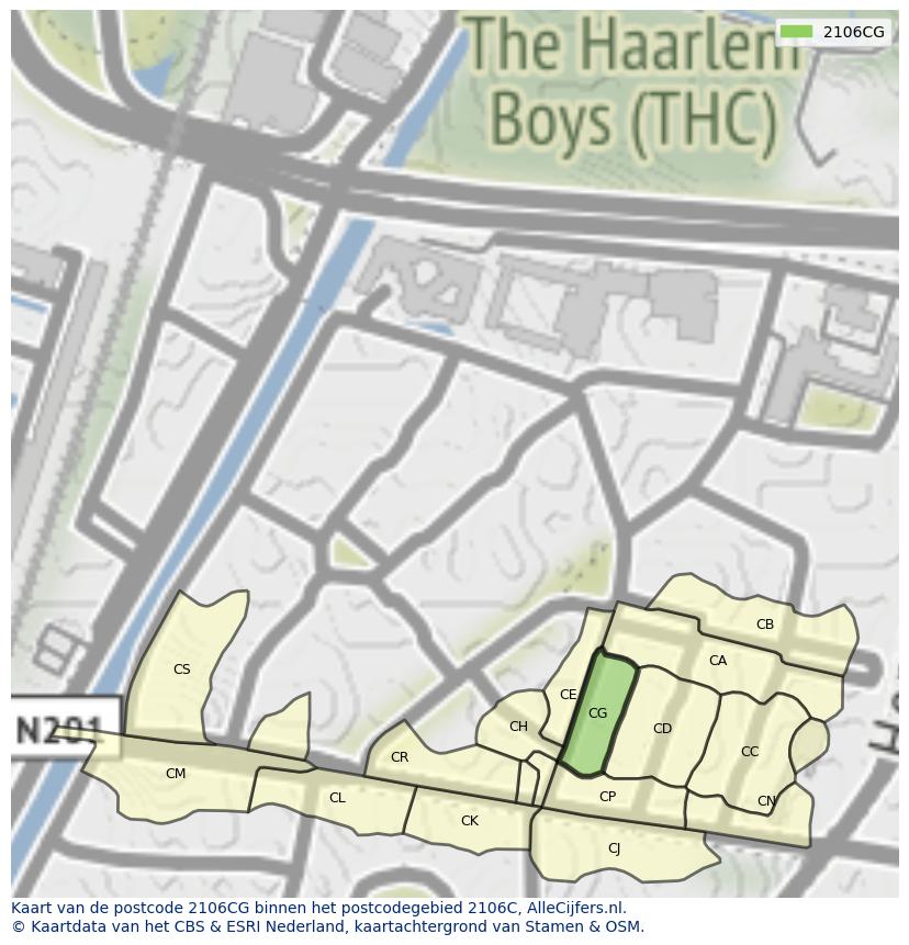 Afbeelding van het postcodegebied 2106 CG op de kaart.