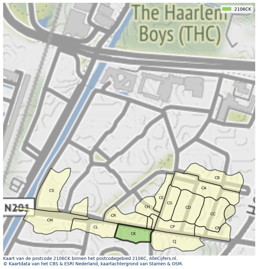 Afbeelding van het postcodegebied 2106 CK op de kaart.