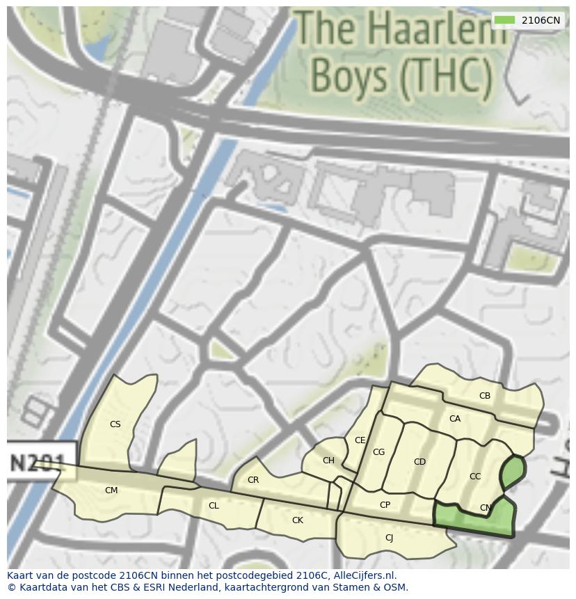 Afbeelding van het postcodegebied 2106 CN op de kaart.