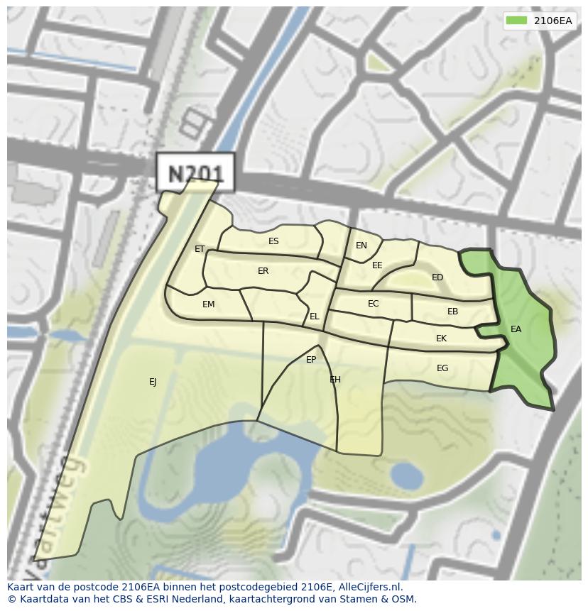Afbeelding van het postcodegebied 2106 EA op de kaart.
