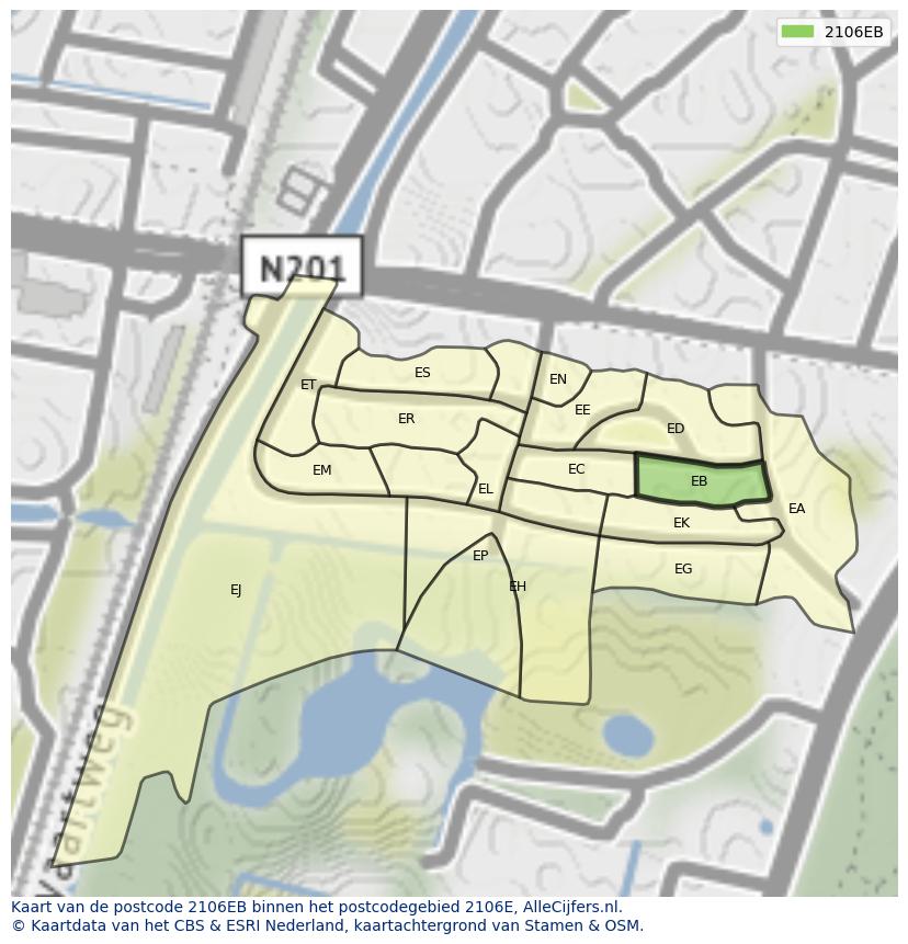 Afbeelding van het postcodegebied 2106 EB op de kaart.