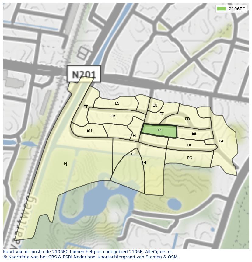 Afbeelding van het postcodegebied 2106 EC op de kaart.