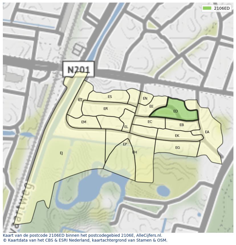 Afbeelding van het postcodegebied 2106 ED op de kaart.