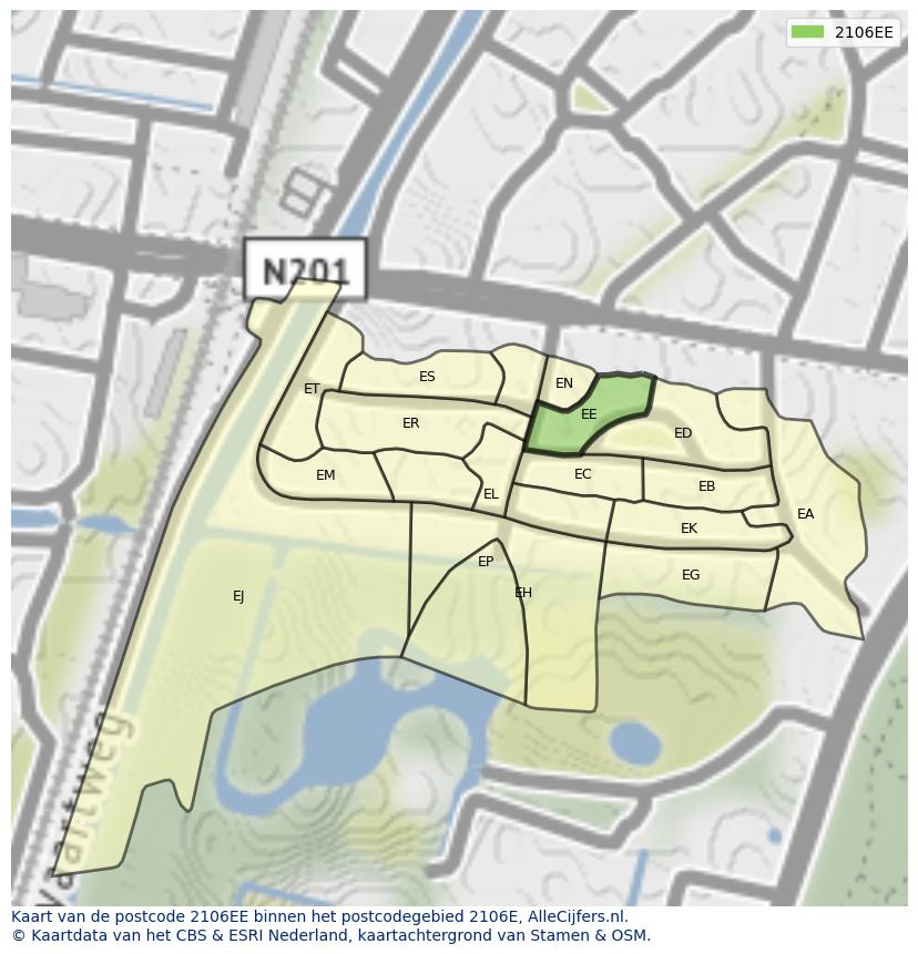 Afbeelding van het postcodegebied 2106 EE op de kaart.