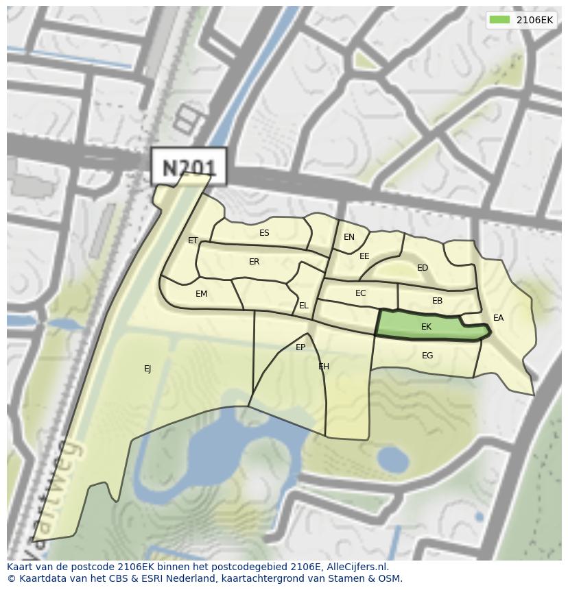 Afbeelding van het postcodegebied 2106 EK op de kaart.