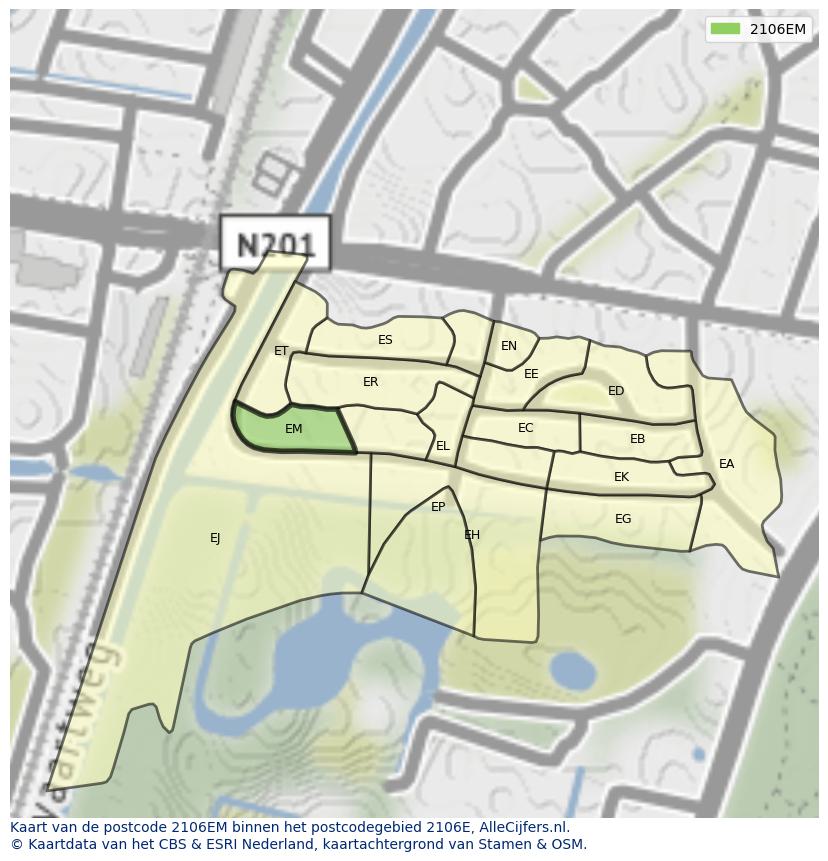Afbeelding van het postcodegebied 2106 EM op de kaart.