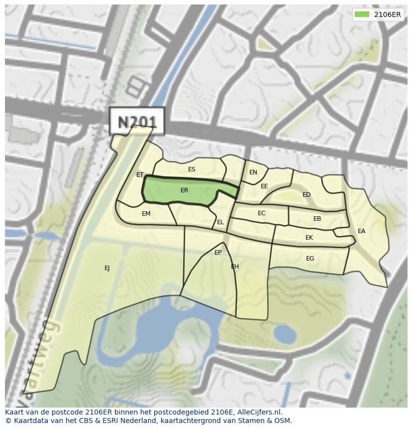 Afbeelding van het postcodegebied 2106 ER op de kaart.