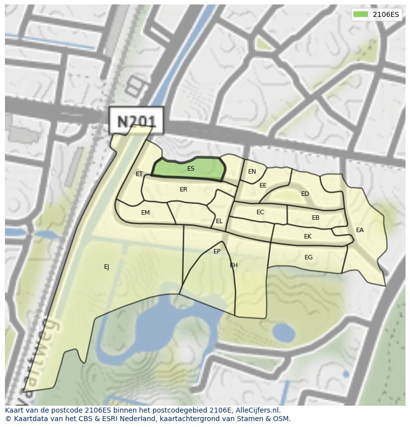 Afbeelding van het postcodegebied 2106 ES op de kaart.