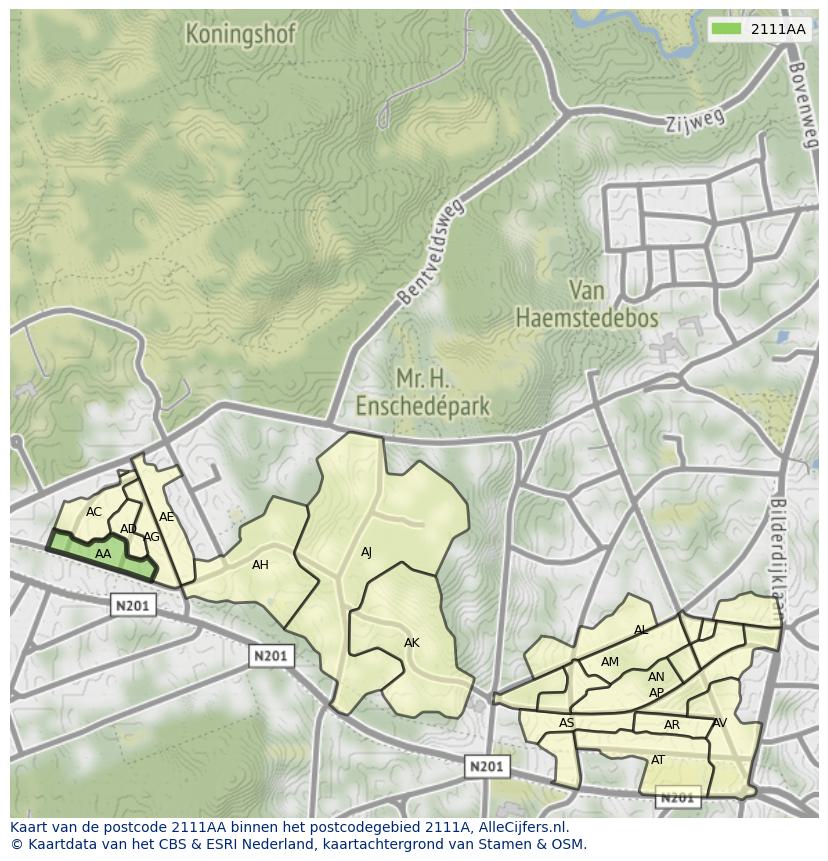 Afbeelding van het postcodegebied 2111 AA op de kaart.