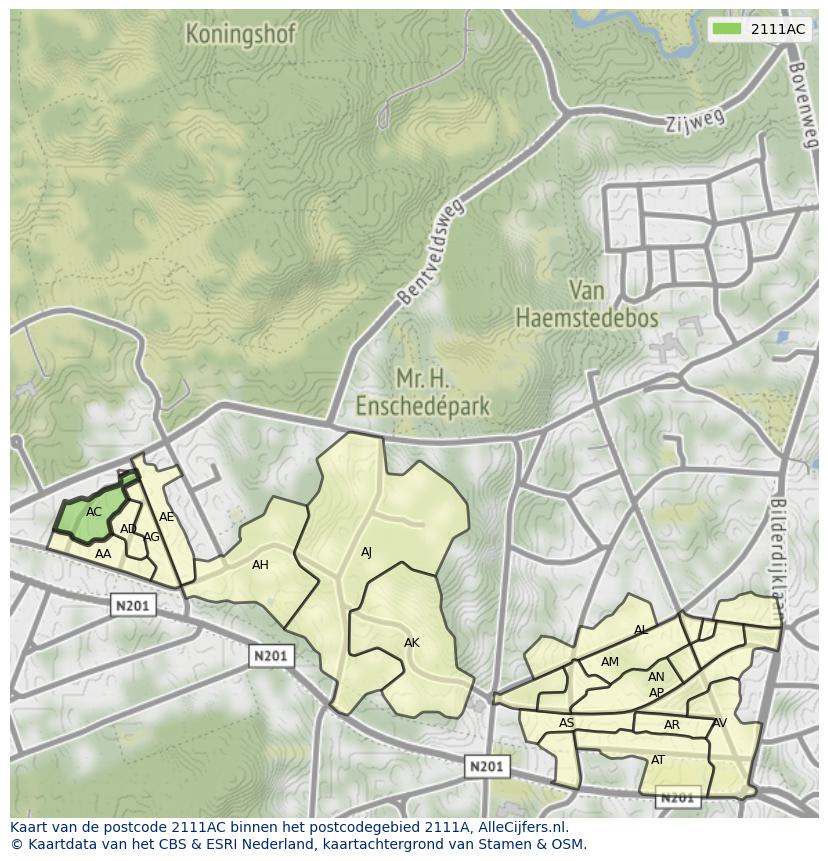 Afbeelding van het postcodegebied 2111 AC op de kaart.