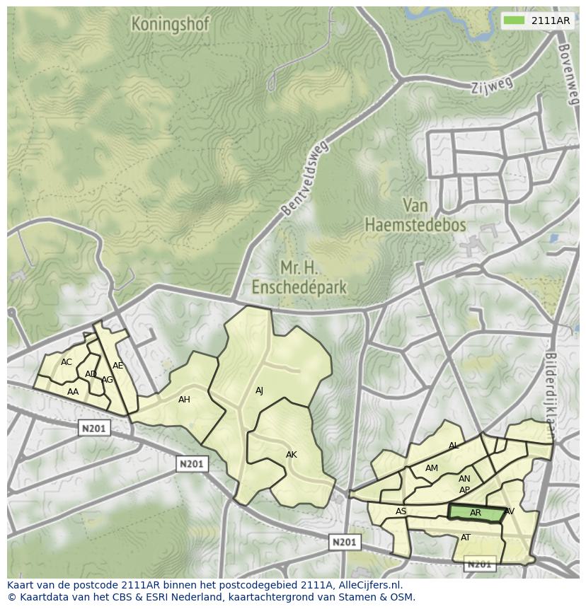 Afbeelding van het postcodegebied 2111 AR op de kaart.