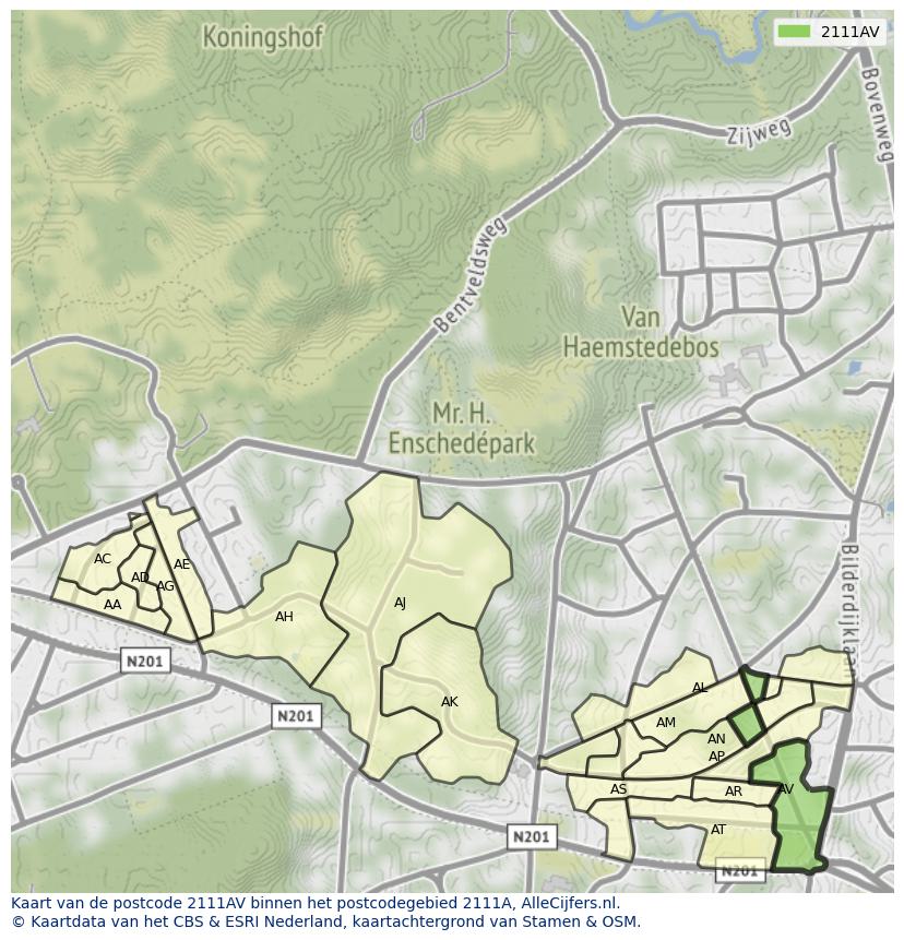 Afbeelding van het postcodegebied 2111 AV op de kaart.