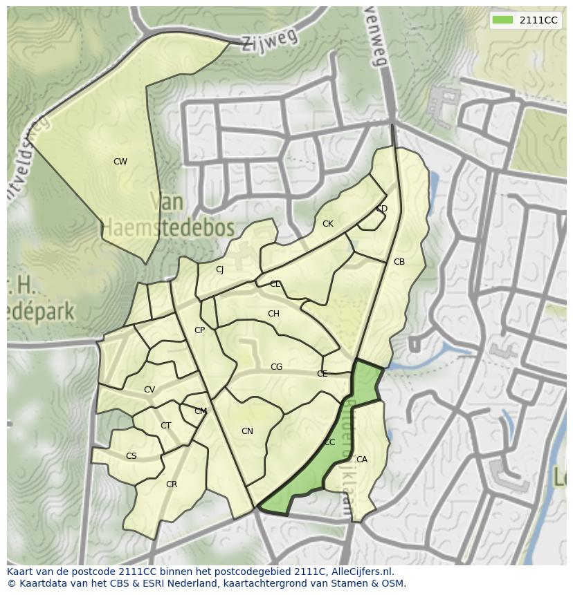 Afbeelding van het postcodegebied 2111 CC op de kaart.