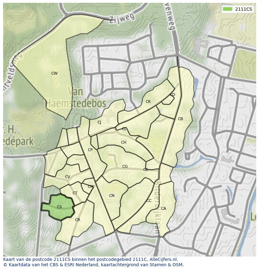 Afbeelding van het postcodegebied 2111 CS op de kaart.