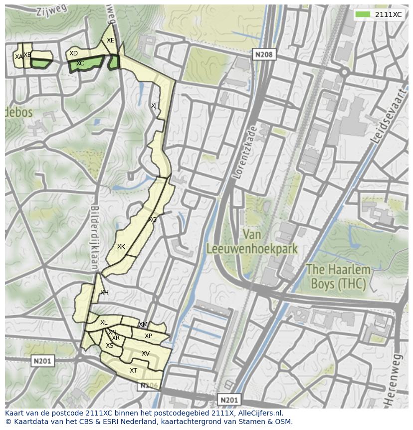 Afbeelding van het postcodegebied 2111 XC op de kaart.