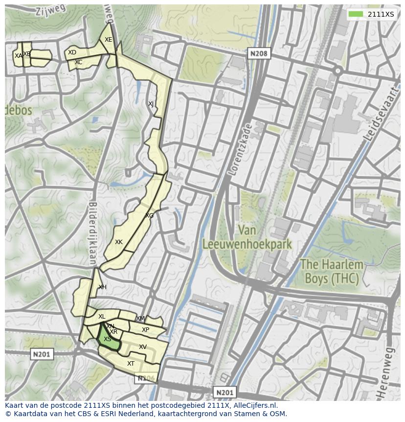 Afbeelding van het postcodegebied 2111 XS op de kaart.