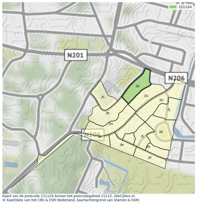 Afbeelding van het postcodegebied 2111 ZA op de kaart.