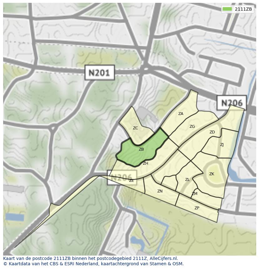 Afbeelding van het postcodegebied 2111 ZB op de kaart.