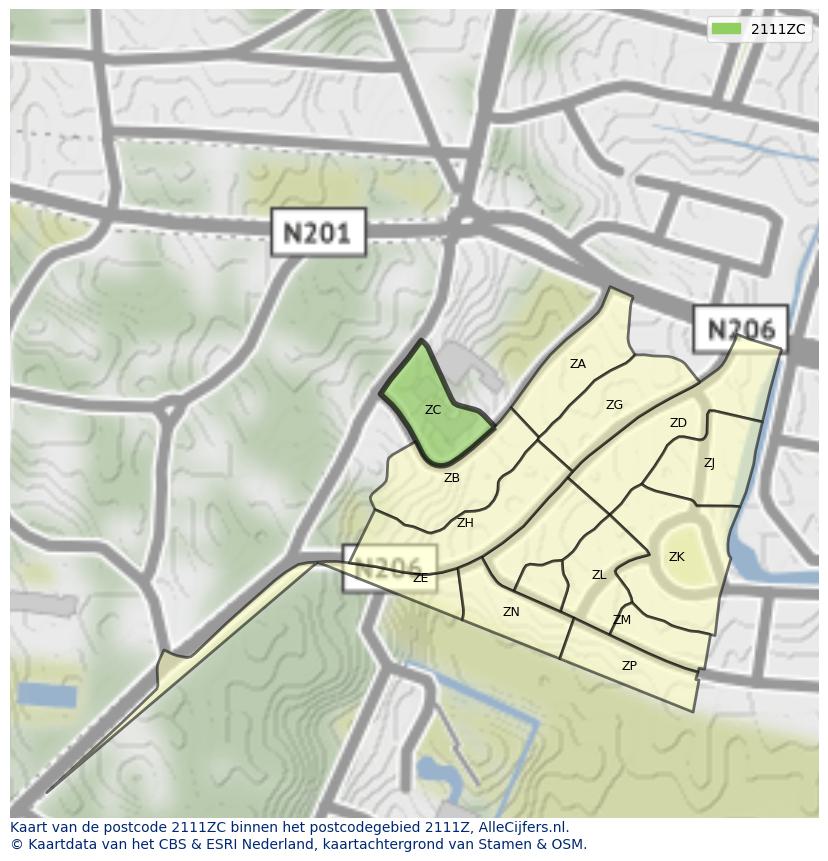 Afbeelding van het postcodegebied 2111 ZC op de kaart.