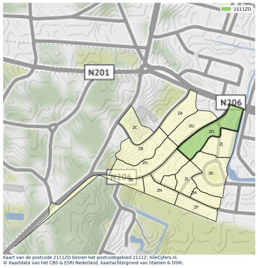 Afbeelding van het postcodegebied 2111 ZD op de kaart.