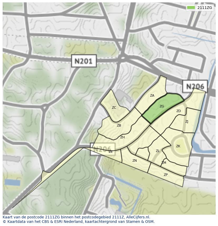 Afbeelding van het postcodegebied 2111 ZG op de kaart.