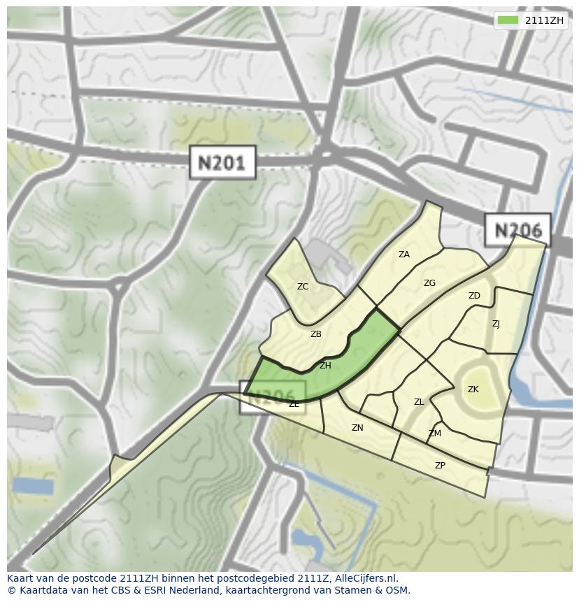 Afbeelding van het postcodegebied 2111 ZH op de kaart.