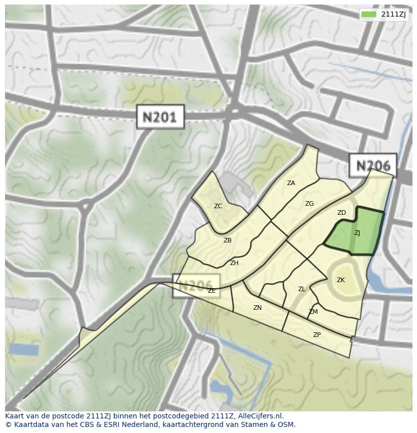 Afbeelding van het postcodegebied 2111 ZJ op de kaart.