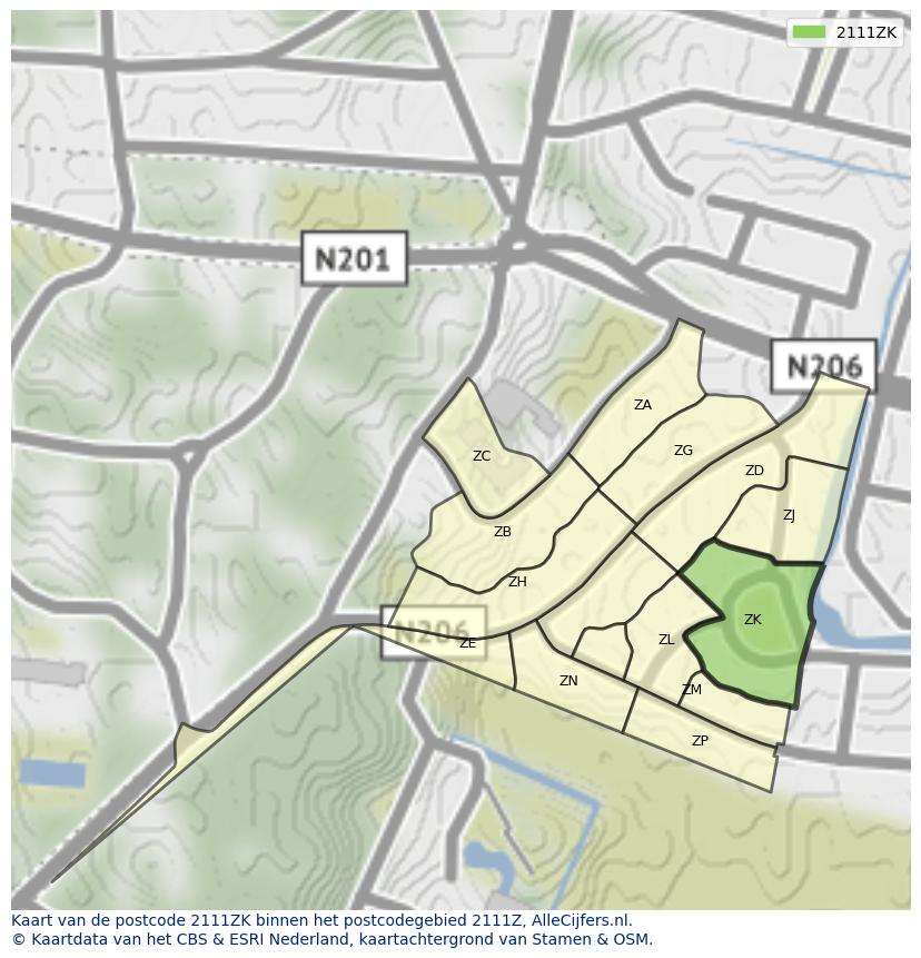 Afbeelding van het postcodegebied 2111 ZK op de kaart.