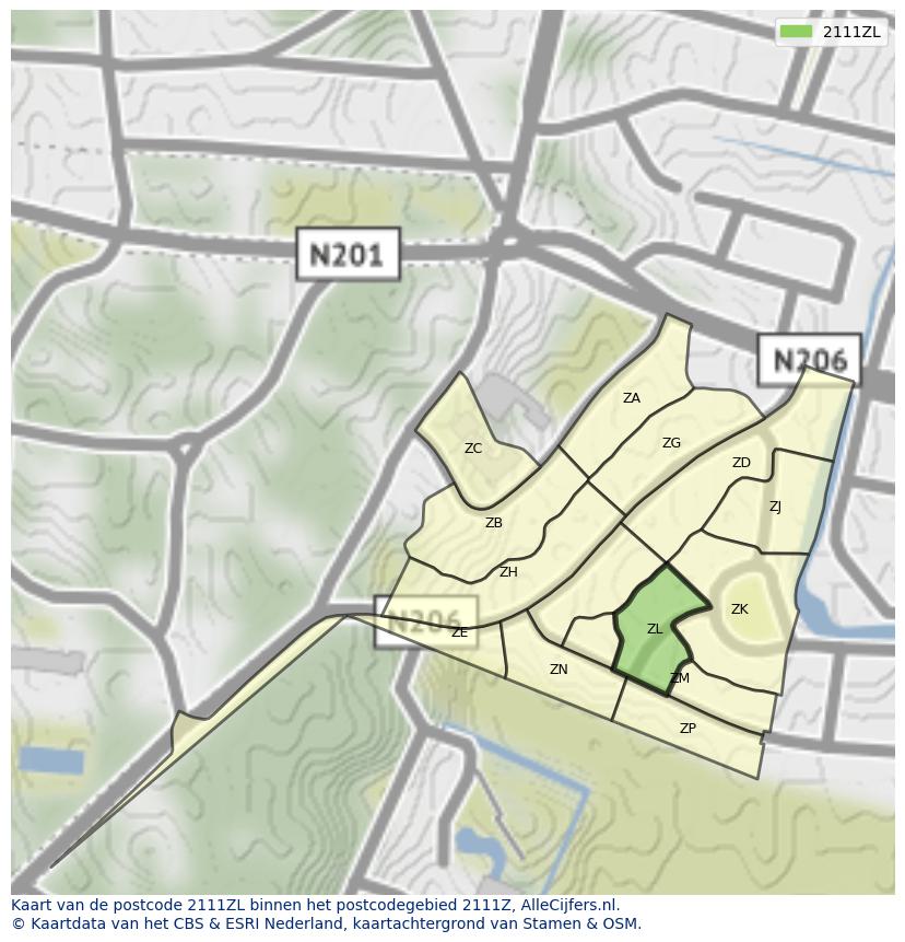 Afbeelding van het postcodegebied 2111 ZL op de kaart.