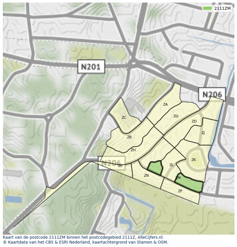 Afbeelding van het postcodegebied 2111 ZM op de kaart.