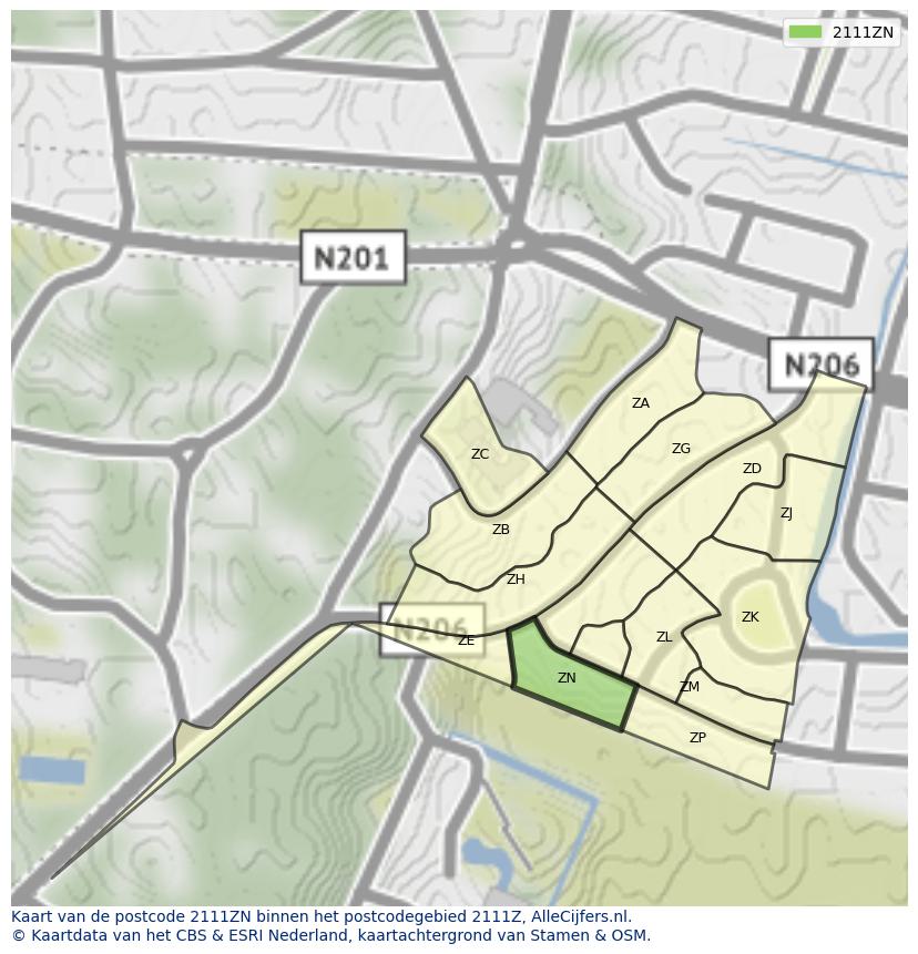 Afbeelding van het postcodegebied 2111 ZN op de kaart.