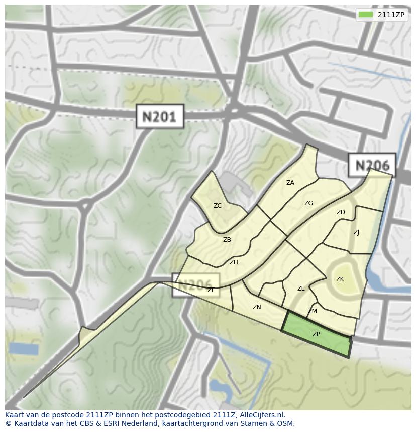 Afbeelding van het postcodegebied 2111 ZP op de kaart.